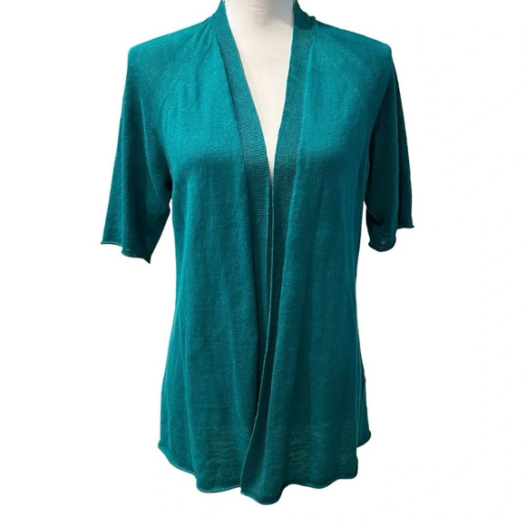 Eileen Fisher Teal Green Open Front Short Sleeve Organic Linen Cardigan Size PP - Picture 1 of 13